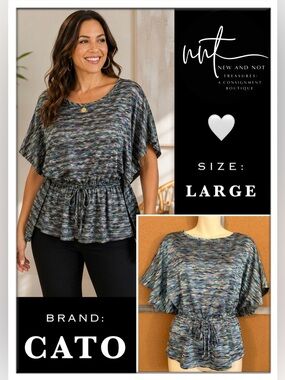 Cato Large Dolman Sleeve Top Blue Multicolor Drawstring Waist Stretch Knit Top